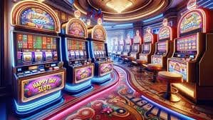 Player aiming at colourful fish targets in a 747 Casino fish shooting game room